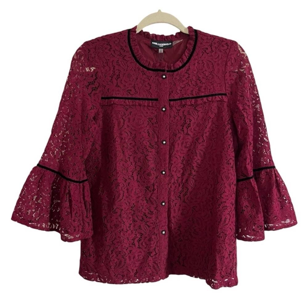 Karl Lagerfeld Size Small Burgundy Lace Victorian Romantic Button Down Top